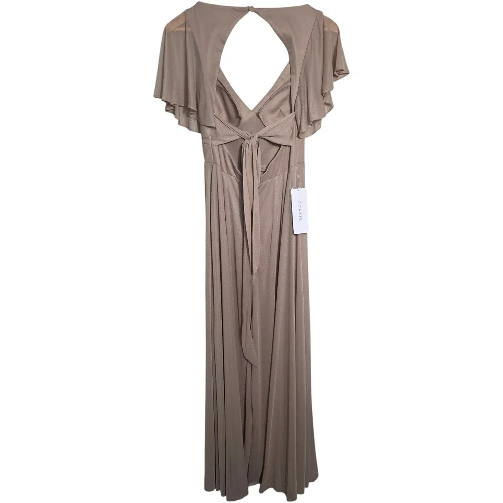 Azazie Indie Taupe Maxi Dress A6 Bridesmaid Formal Flutter Sleeve - Picture 3 of 14